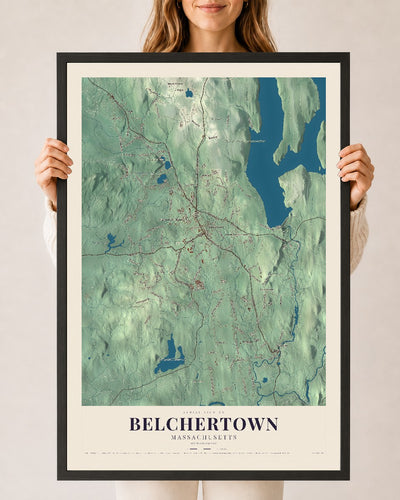 Belchertown, Massachusetts map print - 24 x 36 black Ayous wood frame