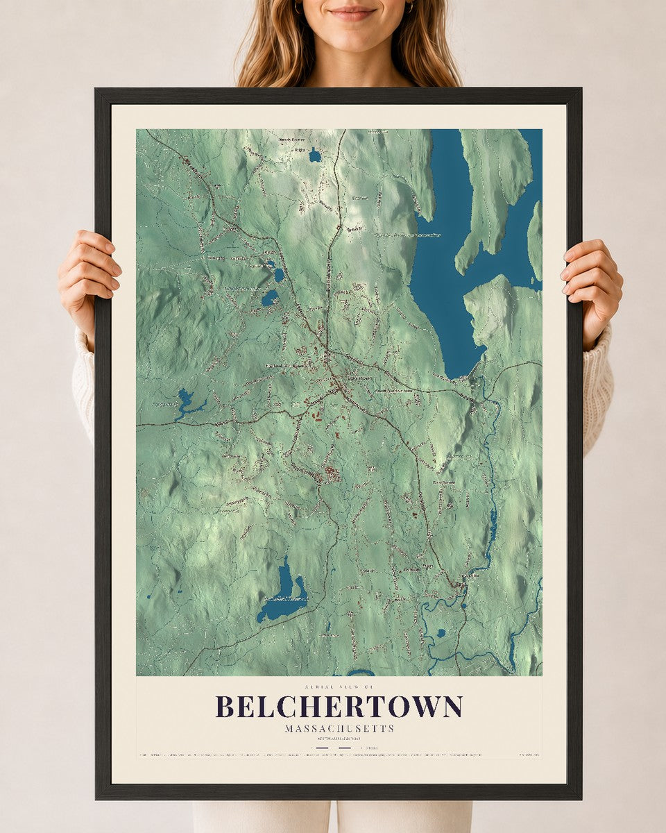 Belchertown, Massachusetts map print - 24 x 36 black Ayous wood frame