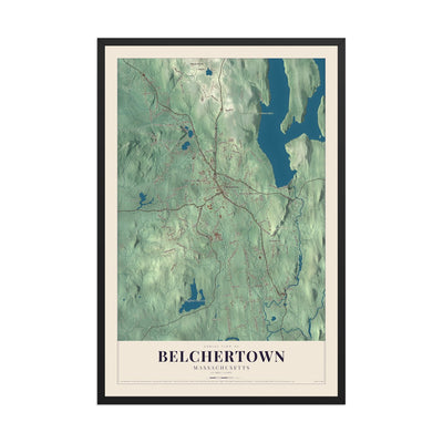 Map of Belchertown, Massachusetts, 12 x 18 inch print in a black wood frame