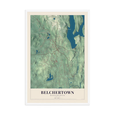 Map of Belchertown, Massachusetts, 12 x 18 inch print in a white wood frame