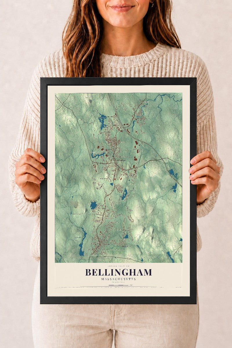 Bellingham, Massachusetts map print - 12 x 18 black Ayous wood frame