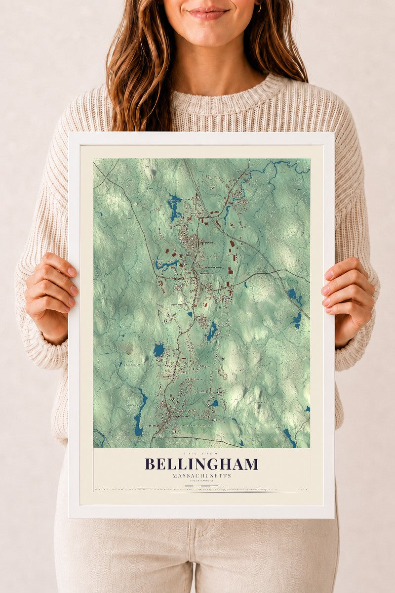 Bellingham, Massachusetts map print - 12 x 18 white Ayous wood frame