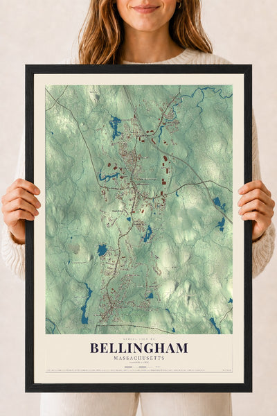 Bellingham, Massachusetts map print - 18 x 24 black Ayous wood frame