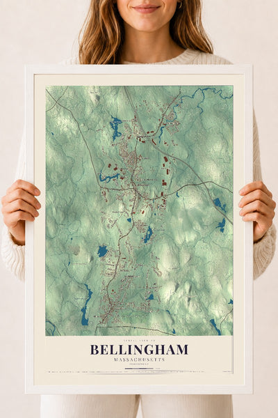 Bellingham, Massachusetts map print - 18 x 24 white Ayous wood frame