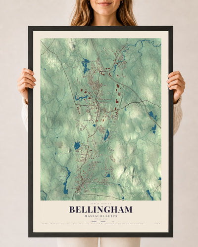 Bellingham, Massachusetts map print - 24 x 36 black Ayous wood frame