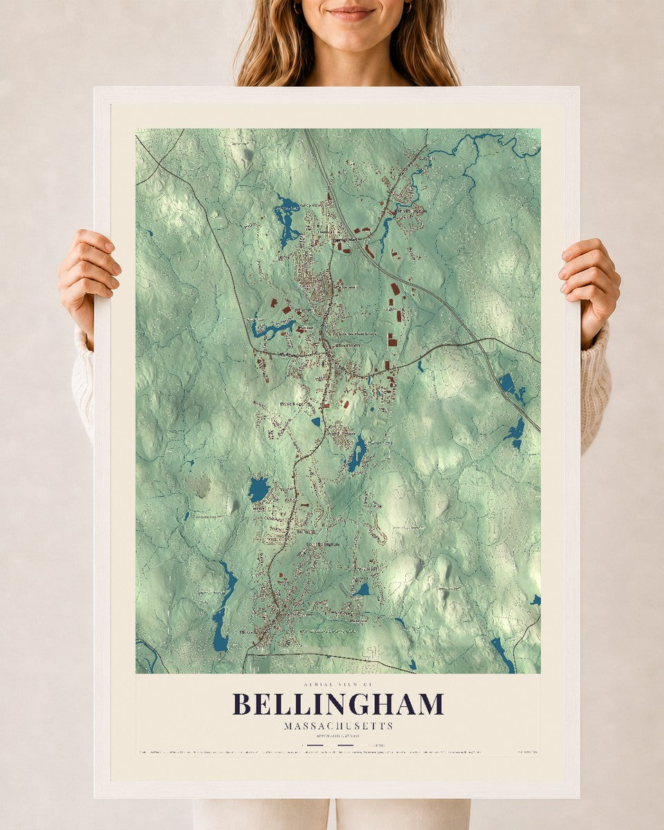Bellingham, Massachusetts map print - 24 x 36 white Ayous wood frame
