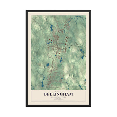 Map of Bellingham, Massachusetts, 12 x 18 inch print in a black wood frame