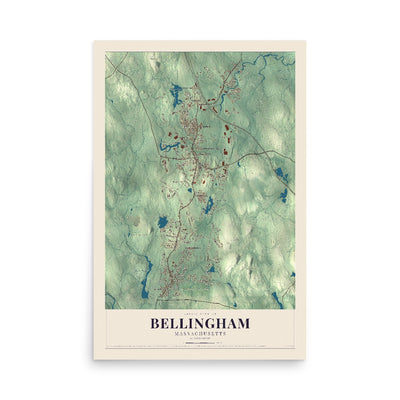 Map of Bellingham, Massachusetts, 12 x 18 inch unframed archival matte print