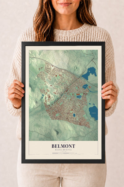 Belmont, Massachusetts map print - 12 x 18 black Ayous wood frame
