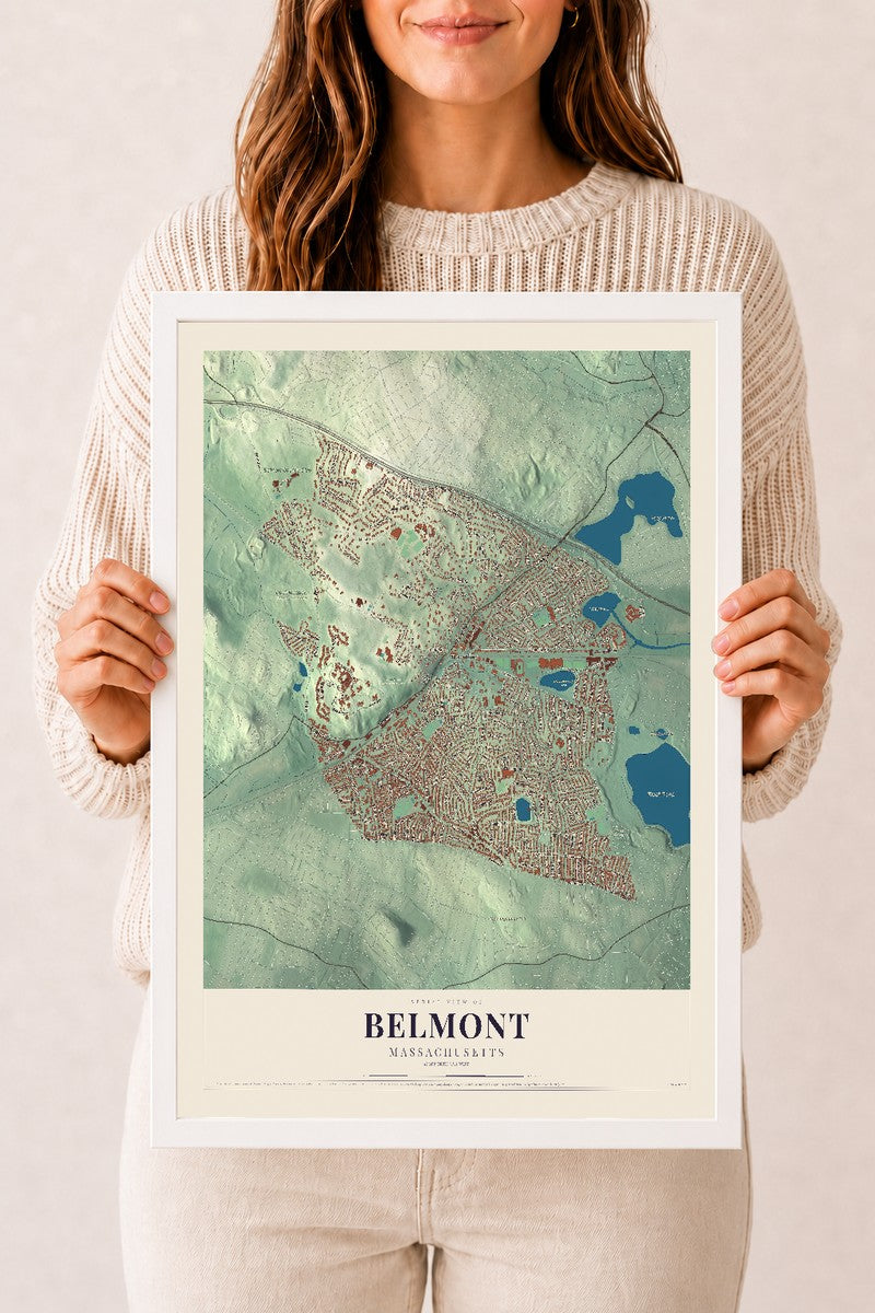 Belmont, Massachusetts map print - 12 x 18 white Ayous wood frame