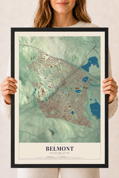 Belmont, Massachusetts map print - 18 x 24 black Ayous wood frame