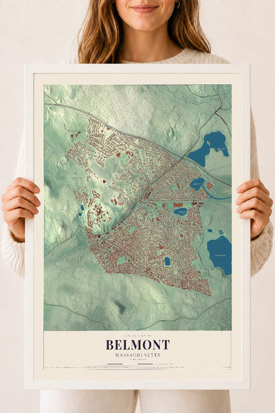 Belmont, Massachusetts map print - 18 x 24 white Ayous wood frame