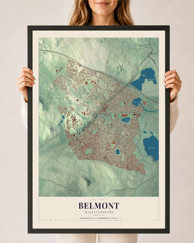 Belmont, Massachusetts map print - 24 x 36 black Ayous wood frame