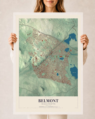 Belmont, Massachusetts map print - 24 x 36 white Ayous wood frame