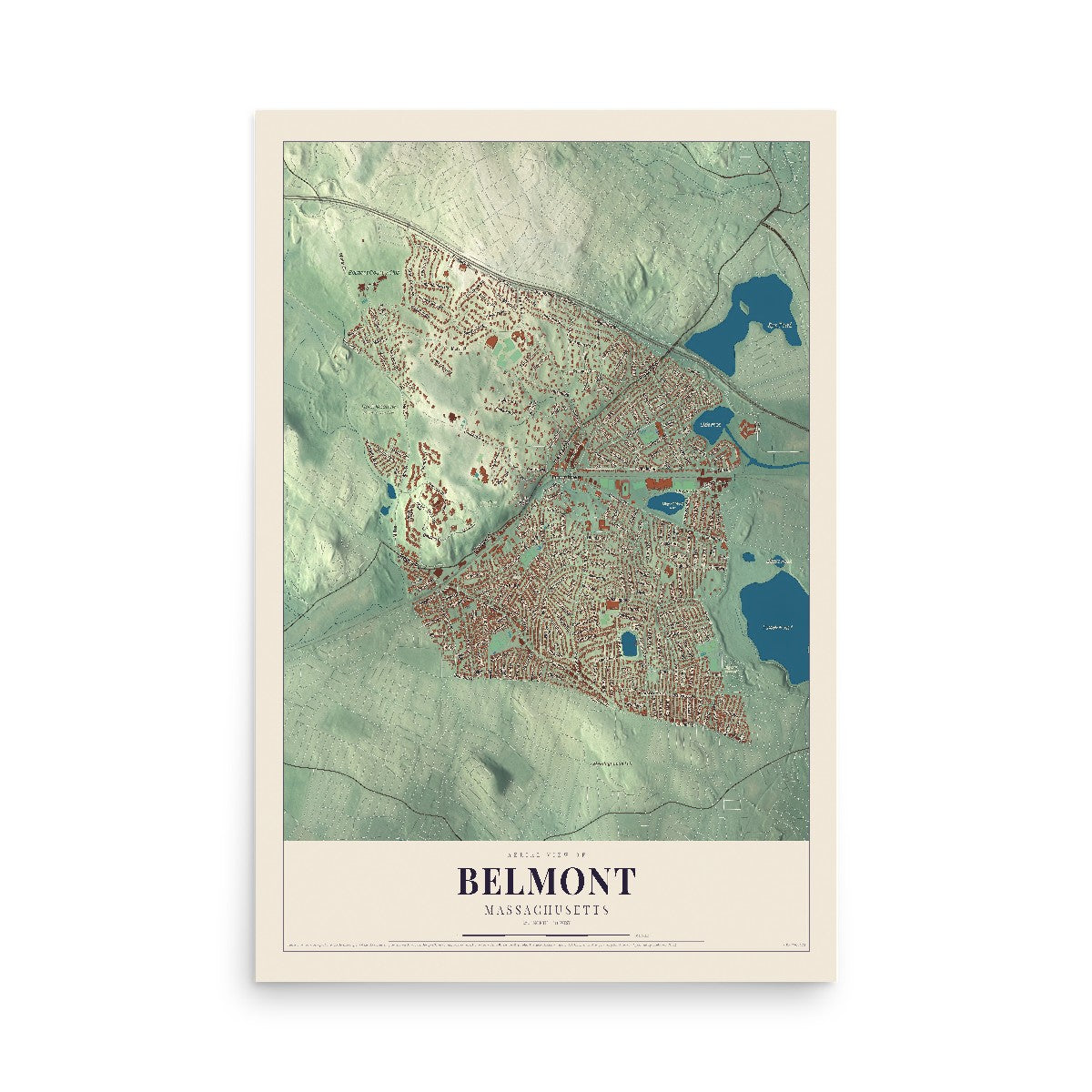 Map of Belmont, Massachusetts, 12 x 18 inch unframed archival matte print