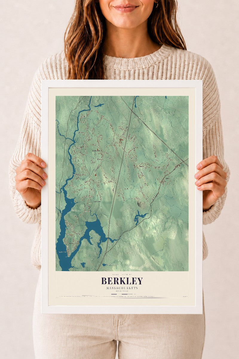 Berkley, Massachusetts map print - 12 x 18 white Ayous wood frame