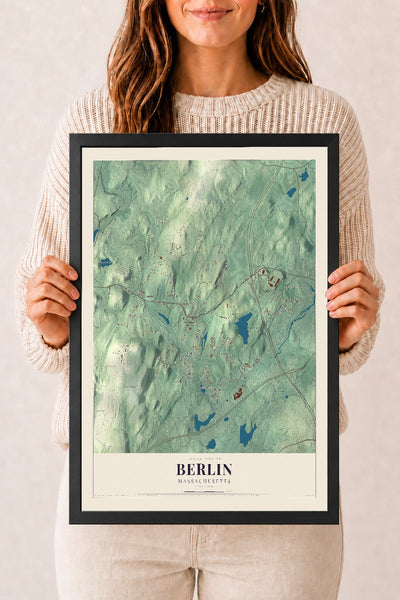 Berlin, Massachusetts map print - 12 x 18 black Ayous wood frame