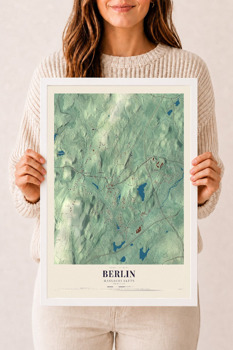 Berlin, Massachusetts map print - 12 x 18 white Ayous wood frame
