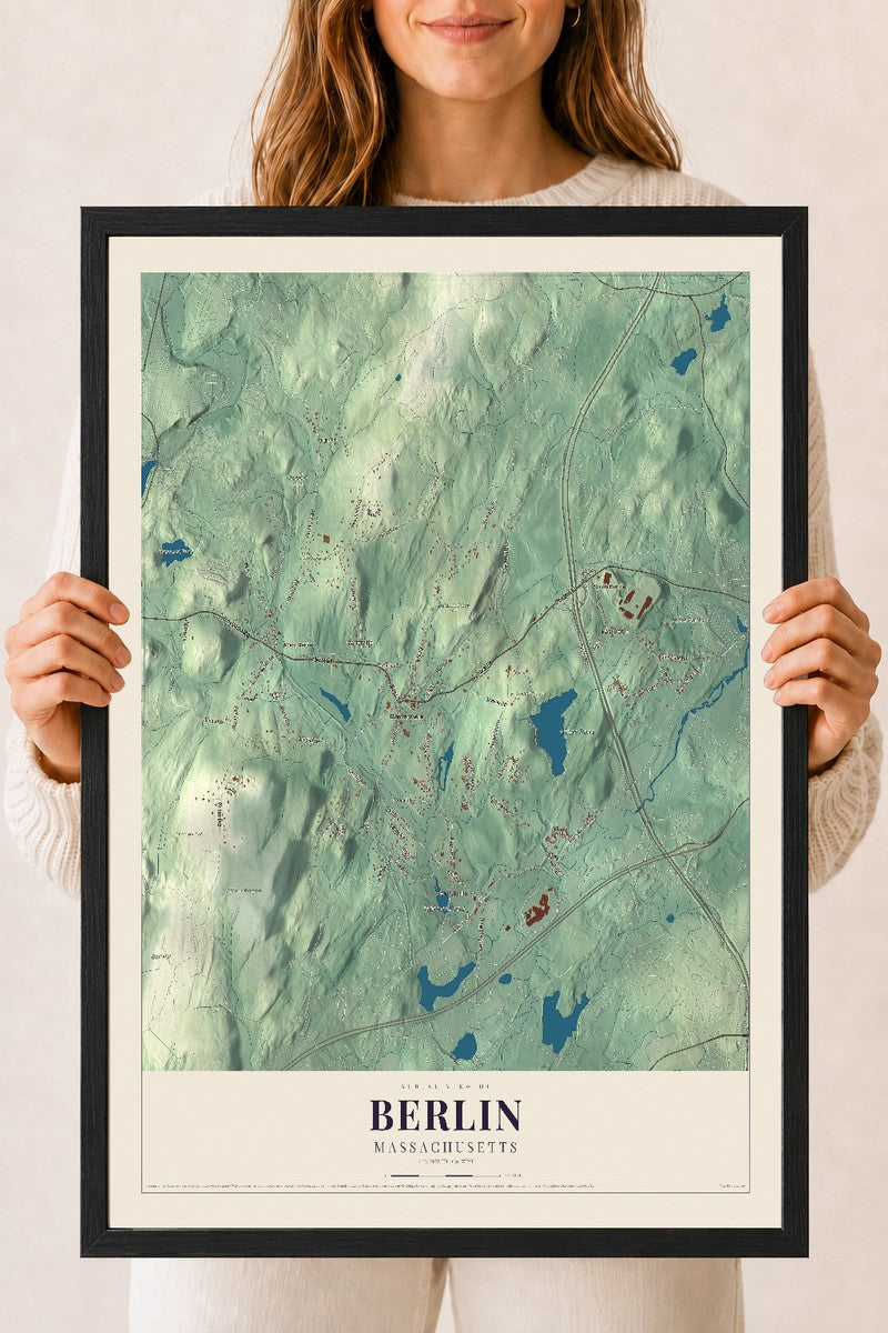 Berlin, Massachusetts map print - 18 x 24 black Ayous wood frame