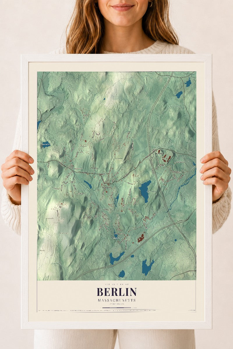Berlin, Massachusetts map print - 18 x 24 white Ayous wood frame