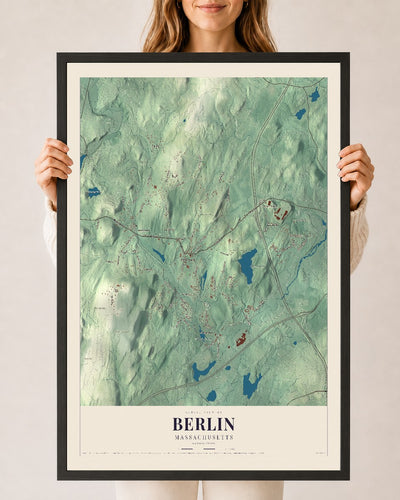Berlin, Massachusetts map print - 24 x 36 black Ayous wood frame