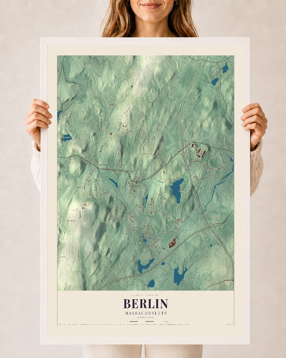 Berlin, Massachusetts map print - 24 x 36 white Ayous wood frame
