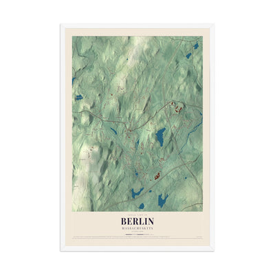 Map of Berlin, Massachusetts, 12 x 18 inch print in a white wood frame