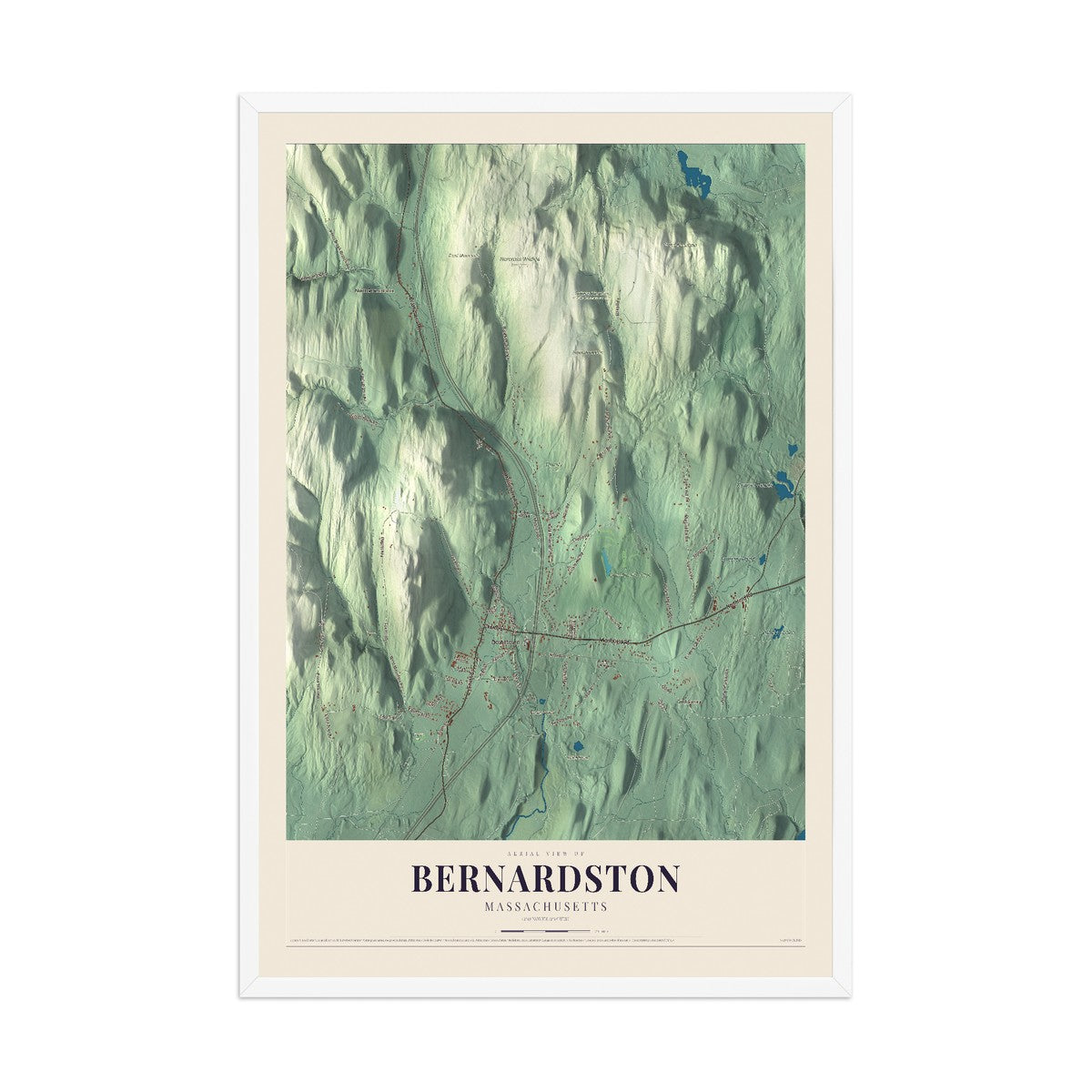 Map of Bernardston, Massachusetts, 12 x 18 inch print in a white wood frame