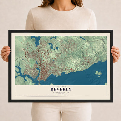 Map of Beverly, Massachusetts, 12 x 18 inch print in a black wood frame