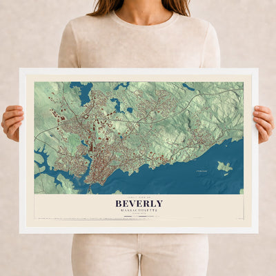 Map of Beverly, Massachusetts, 12 x 18 inch print in a white wood frame
