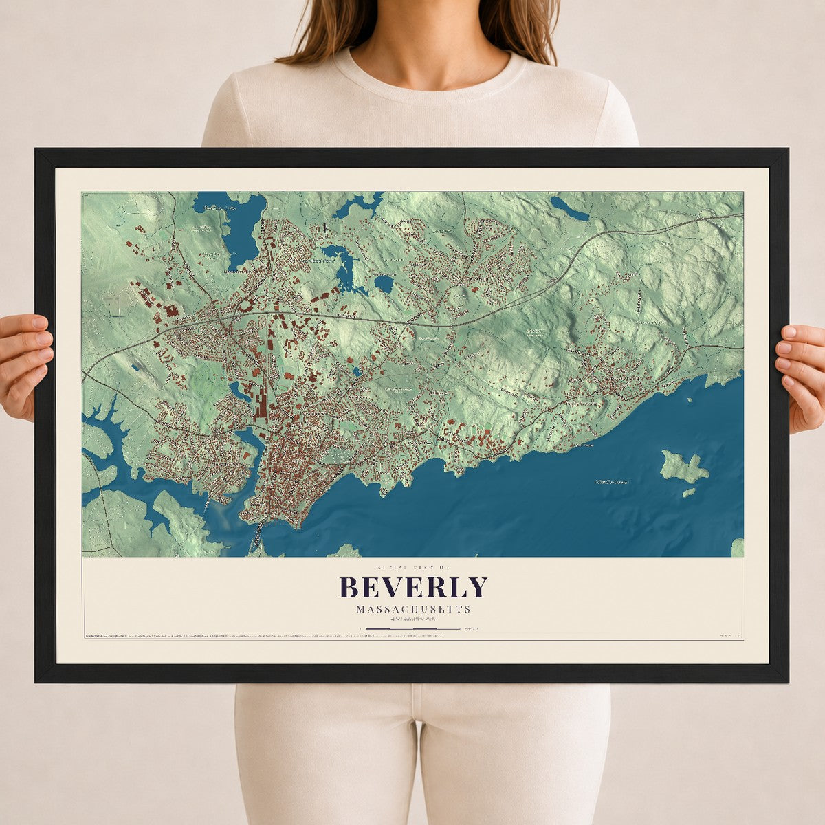 Map of Beverly, Massachusetts, 18 x 24 inch print in a black wood frame