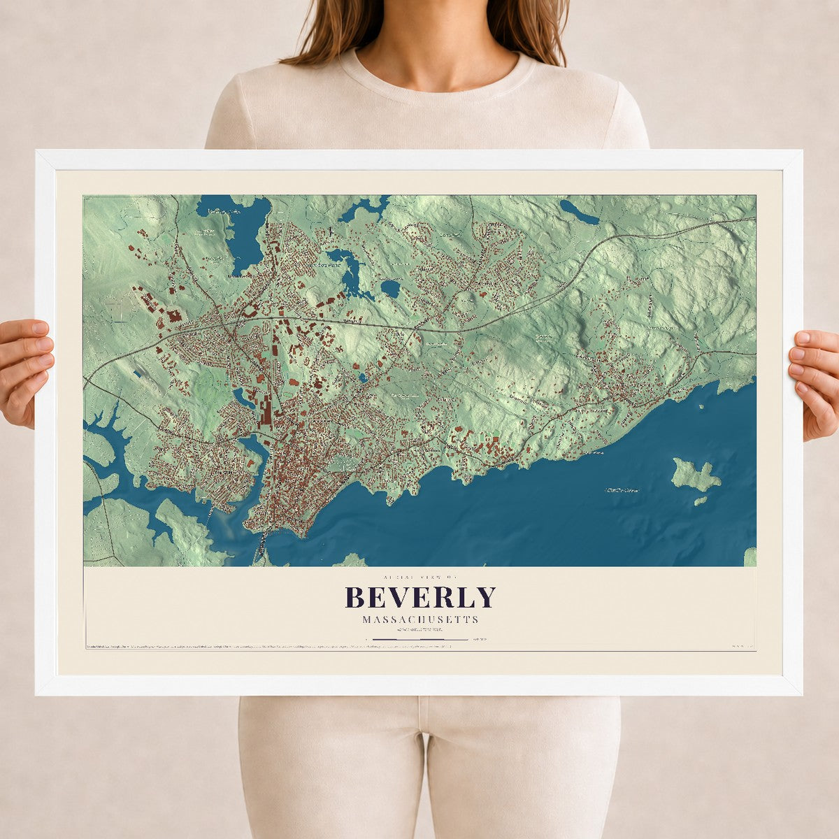 Map of Beverly, Massachusetts, 18 x 24 inch print in a white wood frame