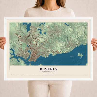 Map of Beverly, Massachusetts, 18 x 24 inch print in a white wood frame
