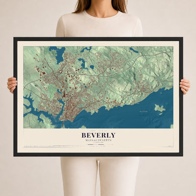 Map of Beverly, Massachusetts, 24 x 36 inch print in a black wood frame