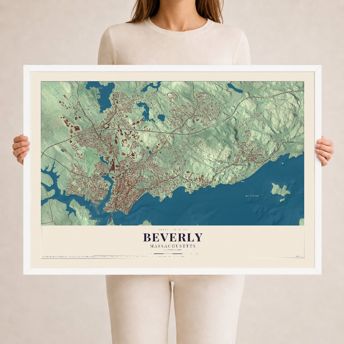 Map of Beverly, Massachusetts, 24 x 36 inch print in a white wood frame