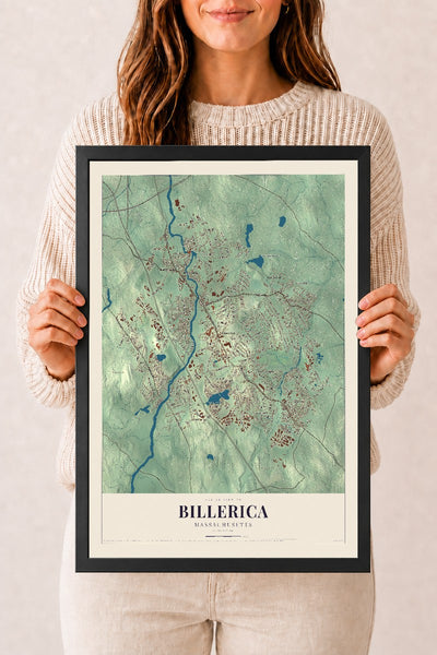 Billerica, Massachusetts map print - 12 x 18 black Ayous wood frame