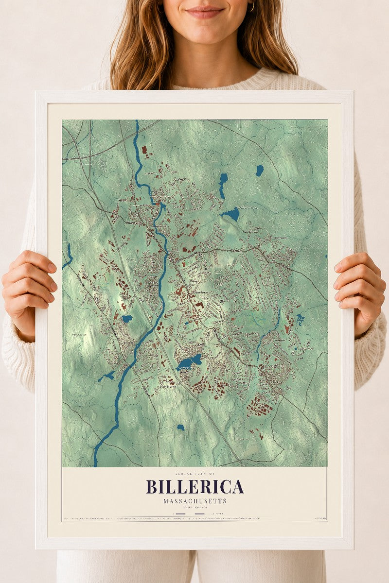 Billerica, Massachusetts map print - 18 x 24 white Ayous wood frame