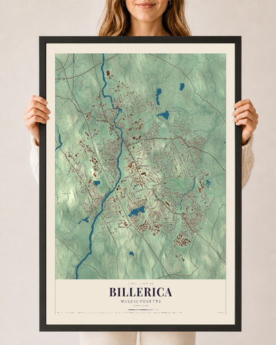 Billerica, Massachusetts map print - 24 x 36 black Ayous wood frame