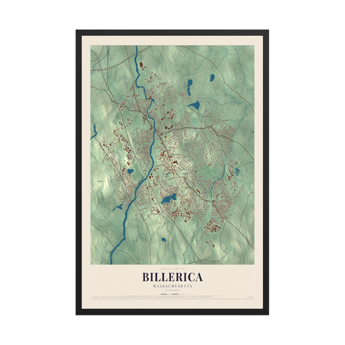 Map of Billerica, Massachusetts, 12 x 18 inch print in a black wood frame