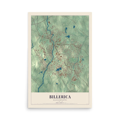 Map of Billerica, Massachusetts, 12 x 18 inch unframed archival matte print
