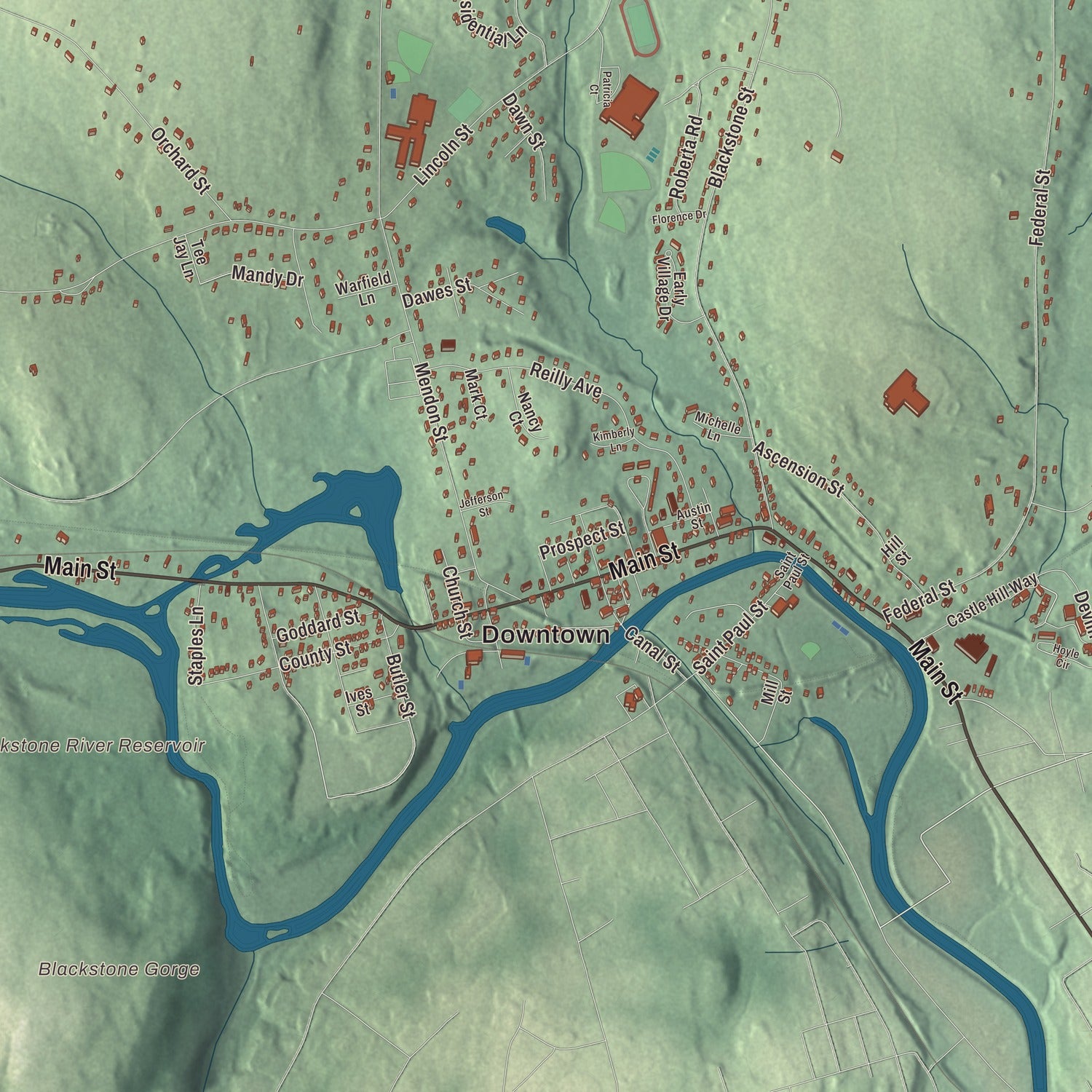 Street and neighborhood detail from the Blackstone, Massachusetts map