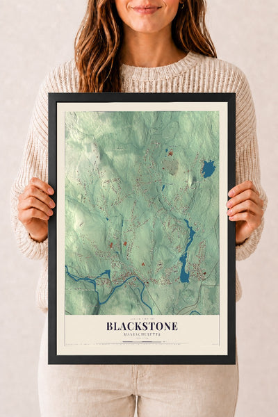 Blackstone, Massachusetts map print - 12 x 18 black Ayous wood frame