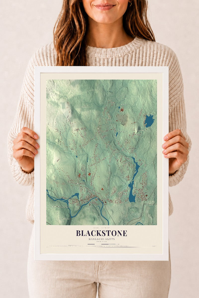 Blackstone, Massachusetts map print - 12 x 18 white Ayous wood frame