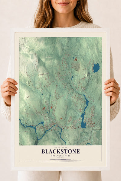 Blackstone, Massachusetts map print - 18 x 24 white Ayous wood frame