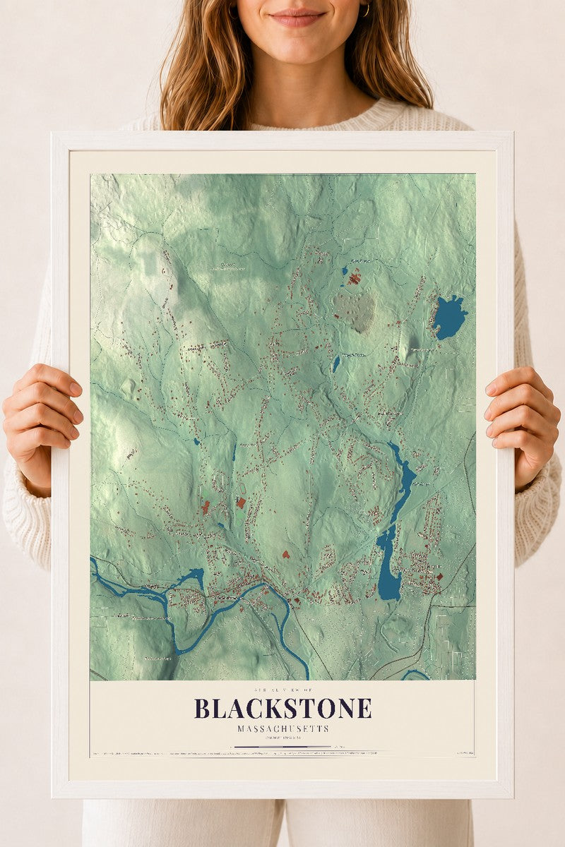 Blackstone, Massachusetts map print - 18 x 24 white Ayous wood frame
