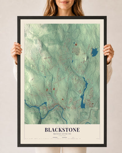 Blackstone, Massachusetts map print - 24 x 36 black Ayous wood frame