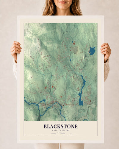 Blackstone, Massachusetts map print - 24 x 36 white Ayous wood frame