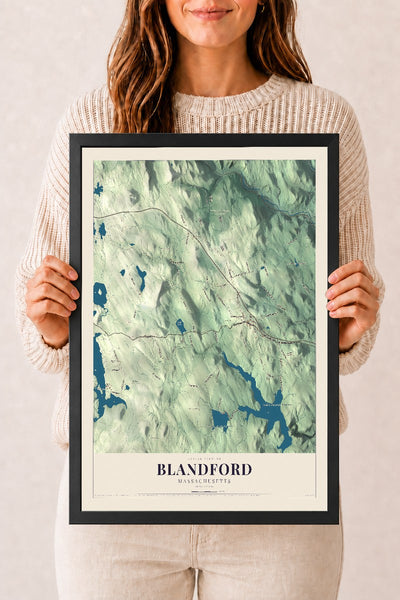 Blandford, Massachusetts map print - 12 x 18 black Ayous wood frame
