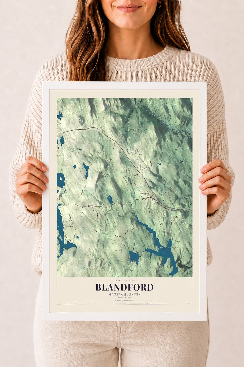 Blandford, Massachusetts map print - 12 x 18 white Ayous wood frame