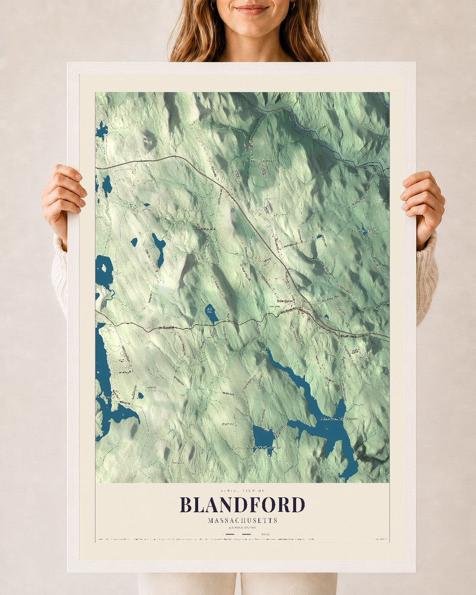 Blandford, Massachusetts map print - 24 x 36 white Ayous wood frame